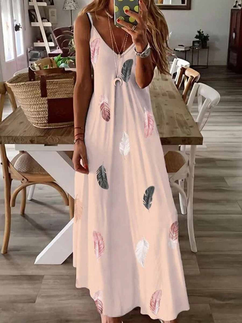 Amsoin Feather Print Sling Long Dress
