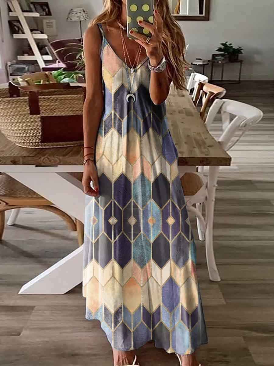 Amsoin Geometric Print Sling Dress