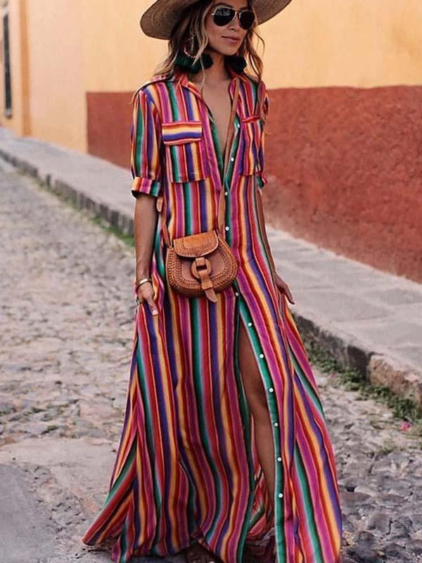 Amsoin Bohemian Multicolor Striped Dress
