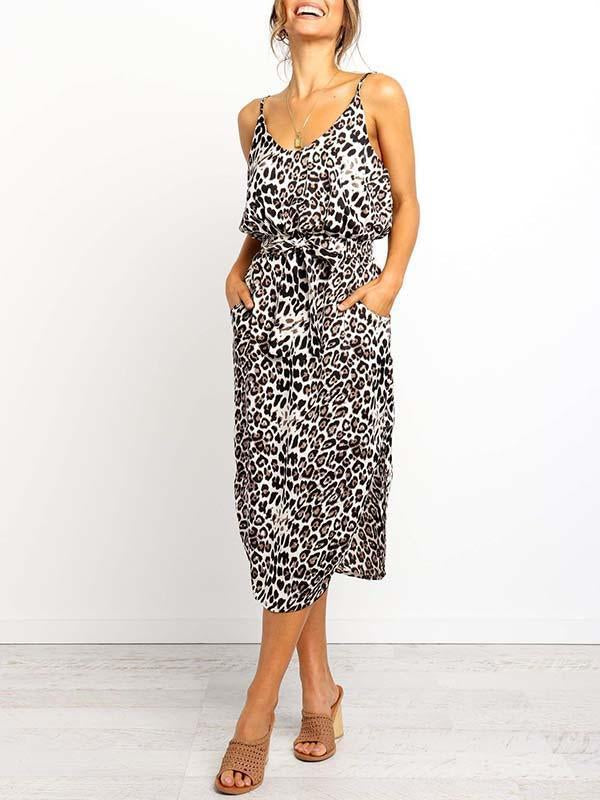 Amsoin Leopard Slit Dress With Pocket