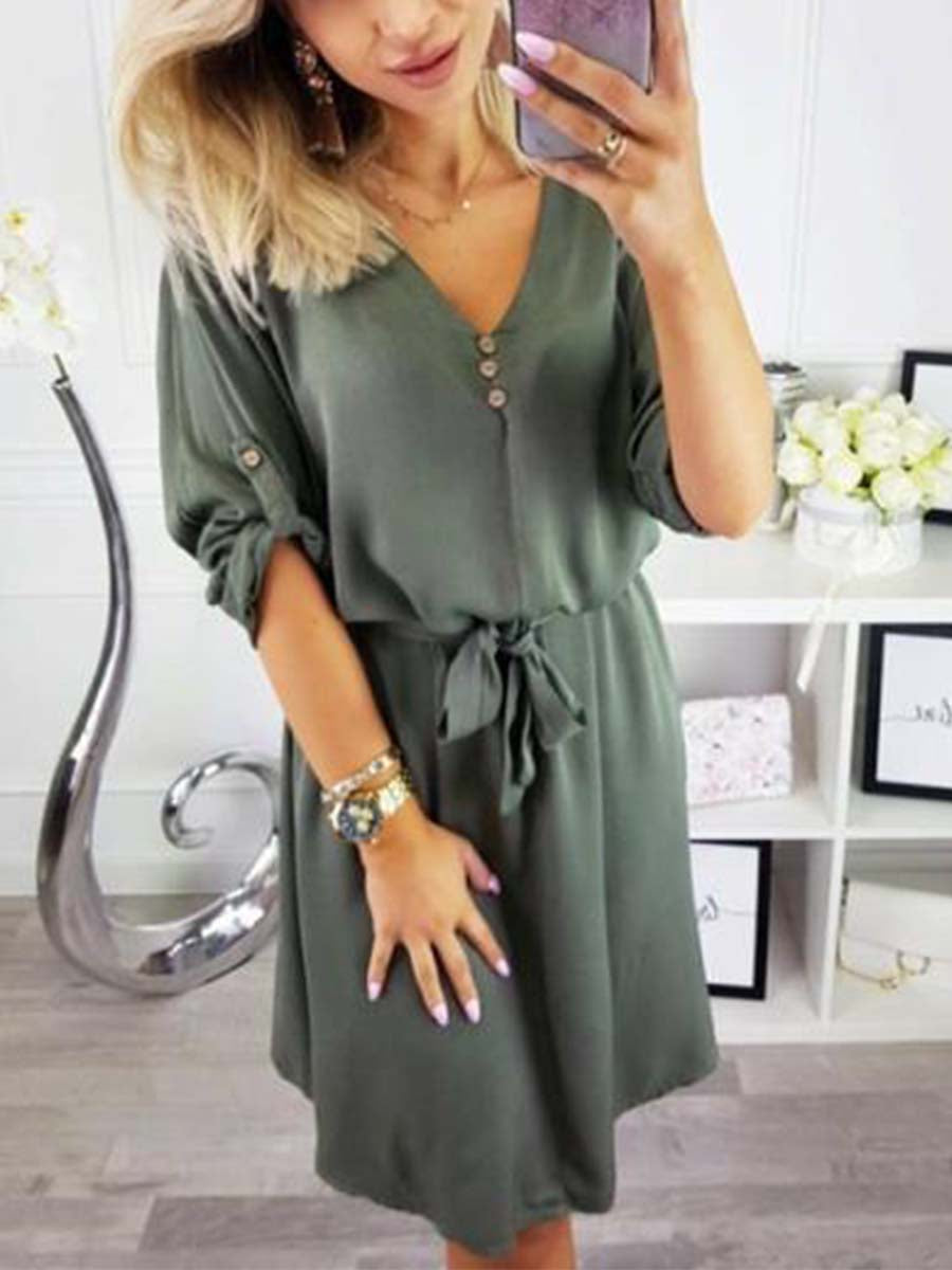 Amsoin V Neck Dress With Belt