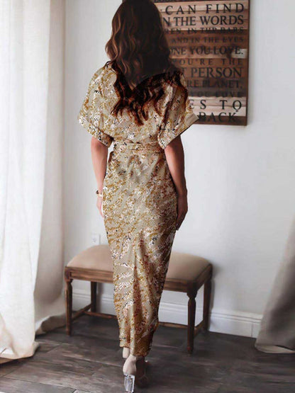 Amsoin Print High Waist Belt Dress