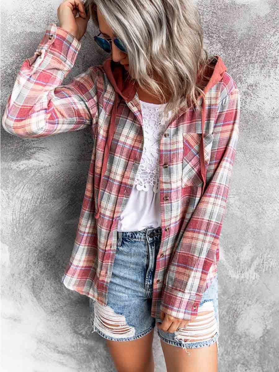 Amsoin Loose Hooded Plaid Tops