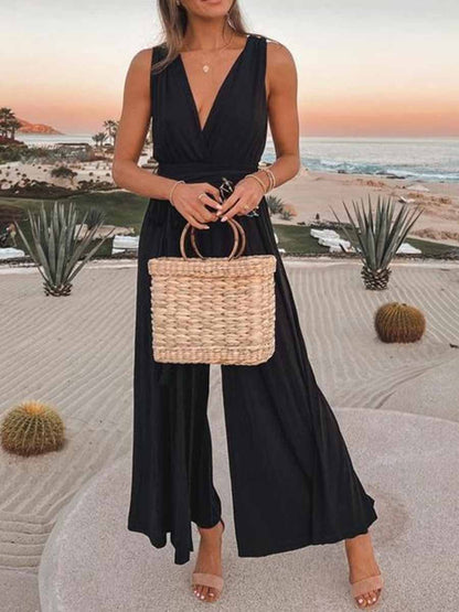 Amsoin Backless V Neck Loose Jumpsuits
