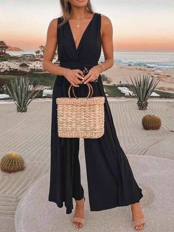 Amsoin Backless V Neck Loose Jumpsuits