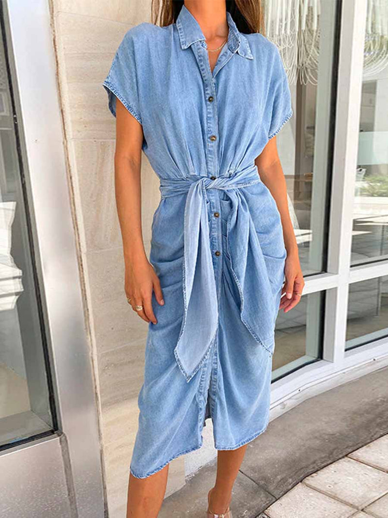 Amsoin Button Down Short Sleeve Tie Waist Ruched Denim Dress