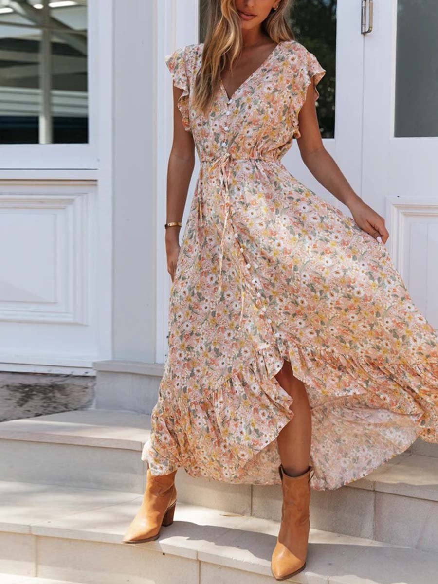 Amsoin V-neck Print Irregular Dress