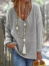 Sweaters - Casual Solid V-Neck Long Sleeve Knitted Pullover Sweater - MsDressly
