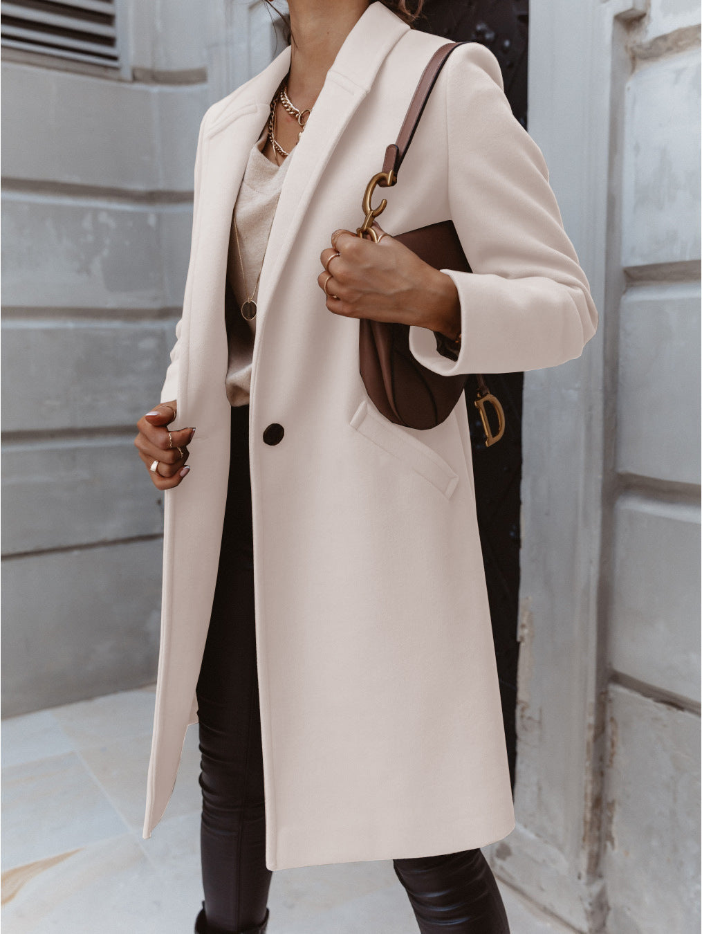 Amsoin Solid Lapel Long Sleeve Midi Coat