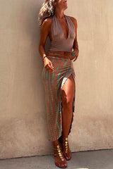 Amsoin Drawstring High Slit Tie Dye Maxi Skirt