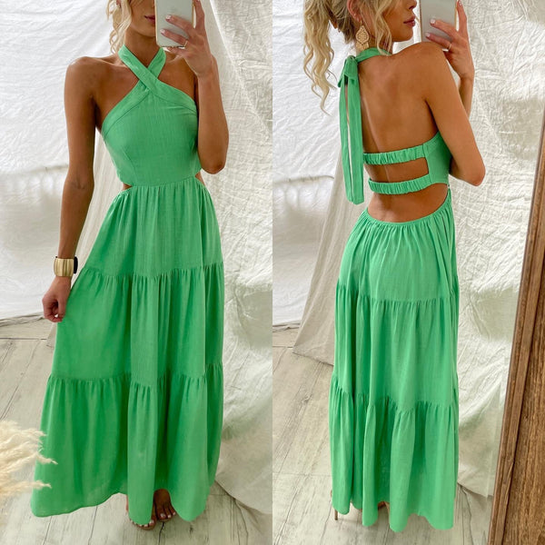 Amsoin Halter-neck Open Back Tiered Maxi Vacation Dress