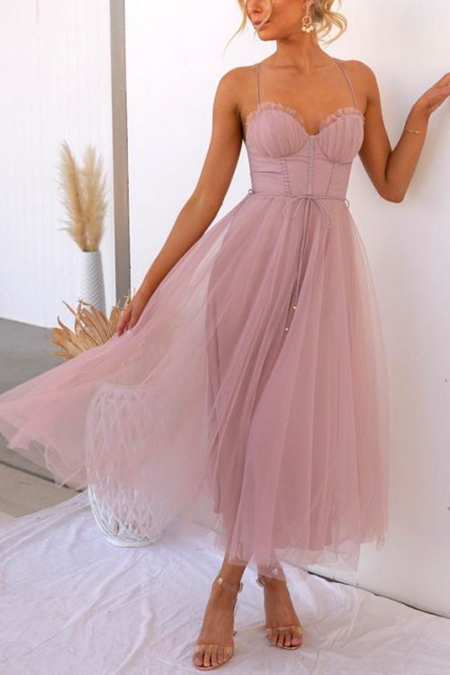 Amsoin Backless Tie Waist Mesh Swing Maxi Cami Dress