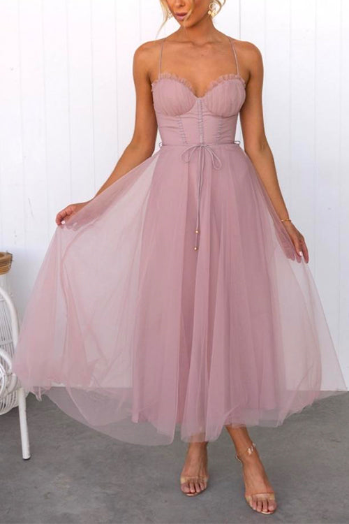 Amsoin Backless Tie Waist Mesh Swing Maxi Cami Dress