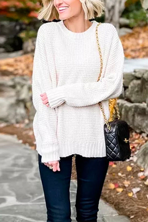 Round Neck Solid Slouchy Waffle Knit Sweater