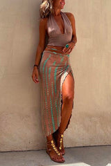 Amsoin Drawstring High Slit Tie Dye Maxi Skirt