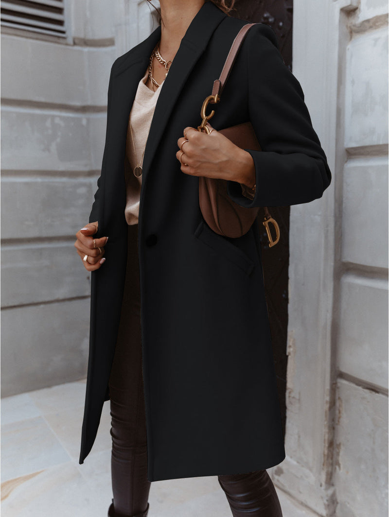 Amsoin Solid Lapel Long Sleeve Midi Coat