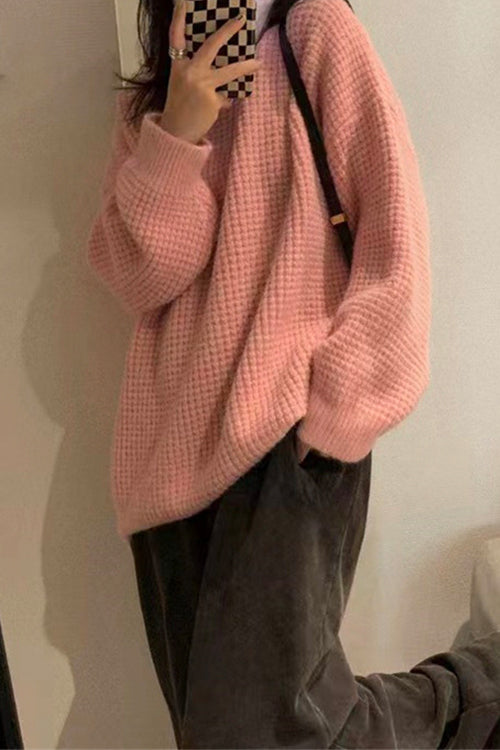 Round Neck Solid Slouchy Waffle Knit Sweater