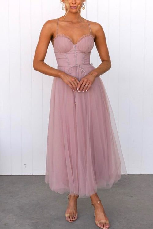 Amsoin Backless Tie Waist Mesh Swing Maxi Cami Dress