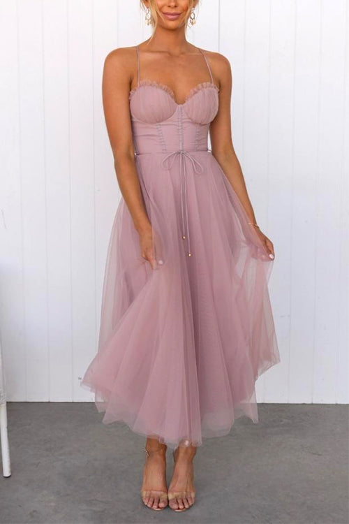 Amsoin Backless Tie Waist Mesh Swing Maxi Cami Dress