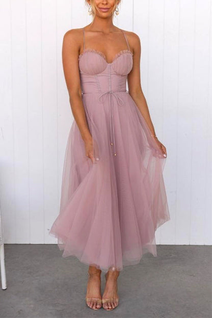 Amsoin Backless Tie Waist Mesh Swing Maxi Cami Dress