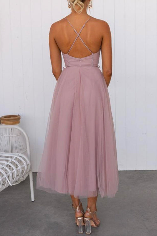 Amsoin Backless Tie Waist Mesh Swing Maxi Cami Dress