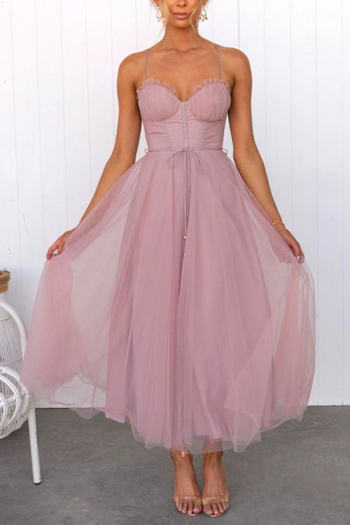 Amsoin Backless Tie Waist Mesh Swing Maxi Cami Dress