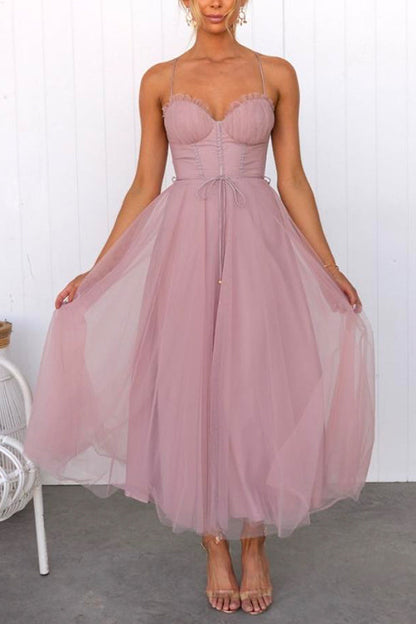 Amsoin Backless Tie Waist Mesh Swing Maxi Cami Dress
