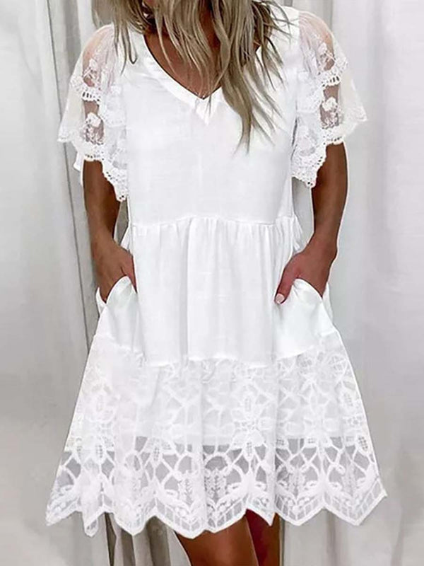 Amsoin Sweet Elegant Solid Lace Pocket A Line Short Sleeve Dress