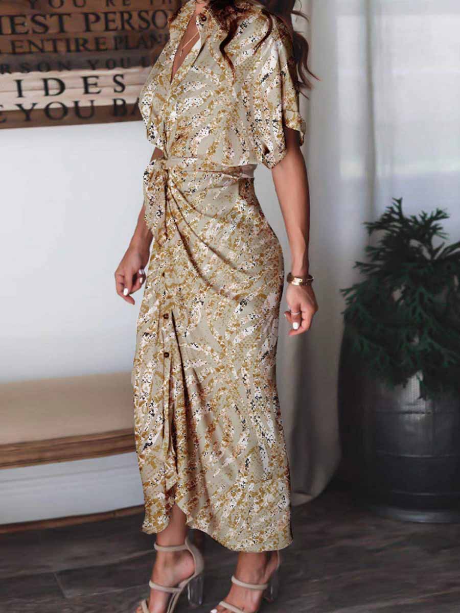 Amsoin Print High Waist Belt Dress