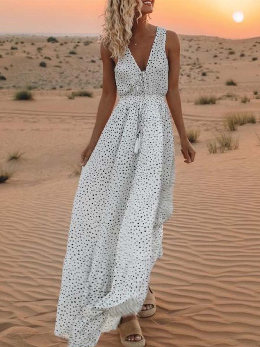 Amsoin Dot Printed Floor Length Dress