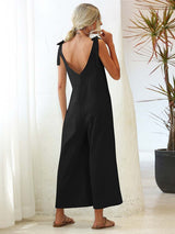 Amsoin Loose V Neck Solid Color Jumpsuit