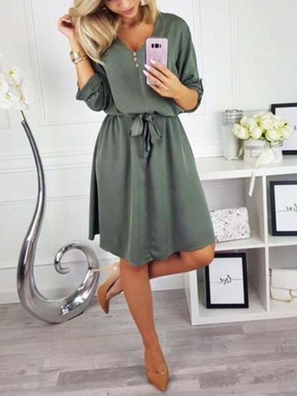 Amsoin V Neck Dress With Belt