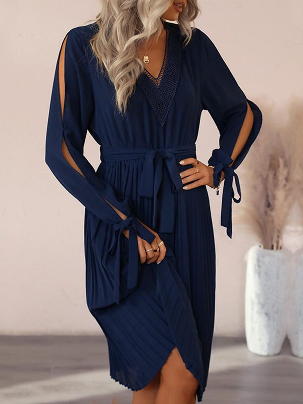 Amsoin Hollowed Out Fold V Neck Pleated Dresses