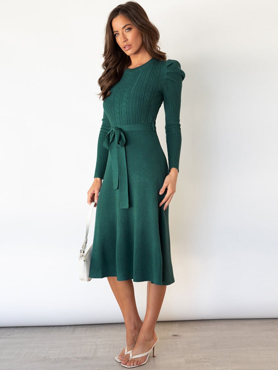 Amsoin Bubble Sleeve Belt Knit Dress
