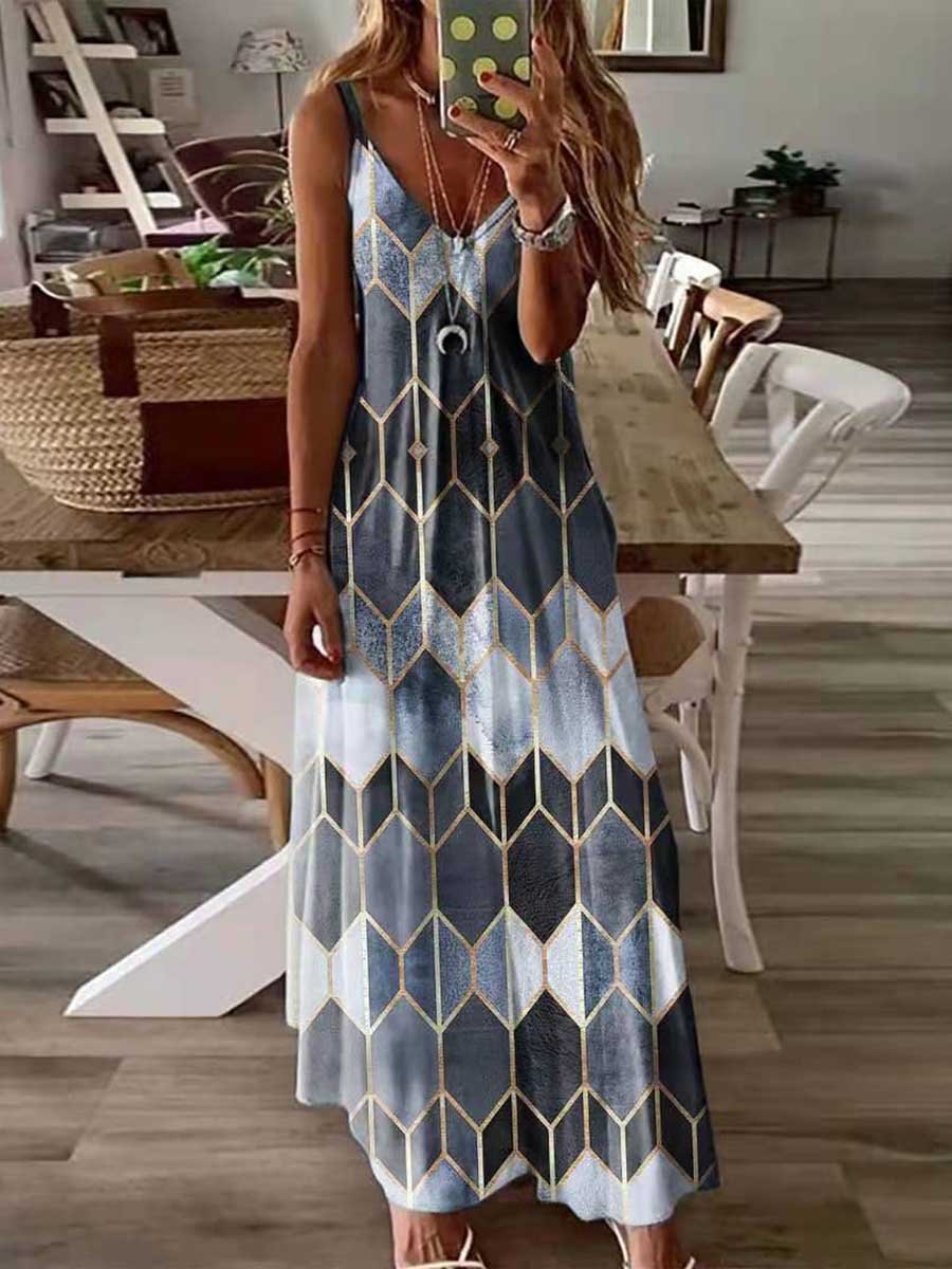 Amsoin Geometric Print Sling Dress