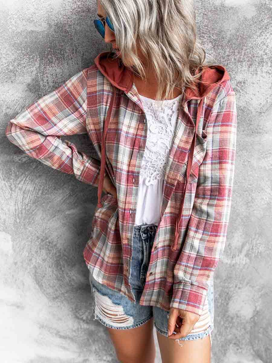 Amsoin Loose Hooded Plaid Tops