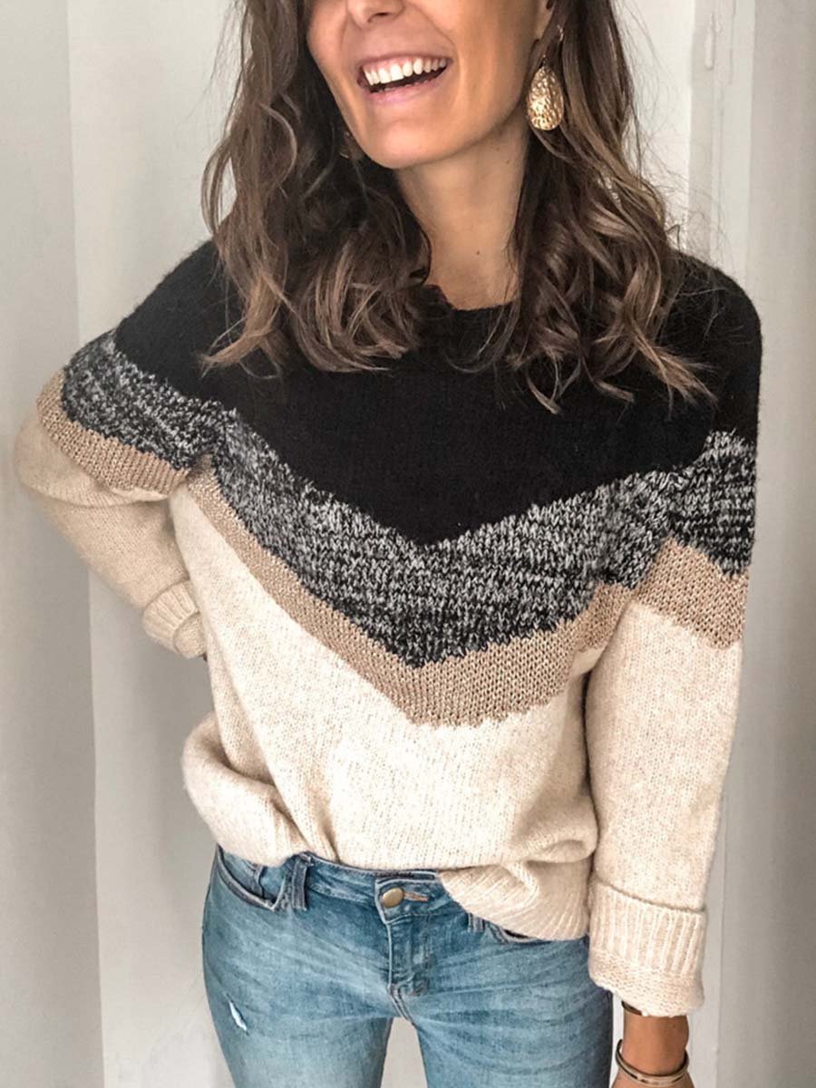 Amsoin Casual Multicolor Stitching Sweater