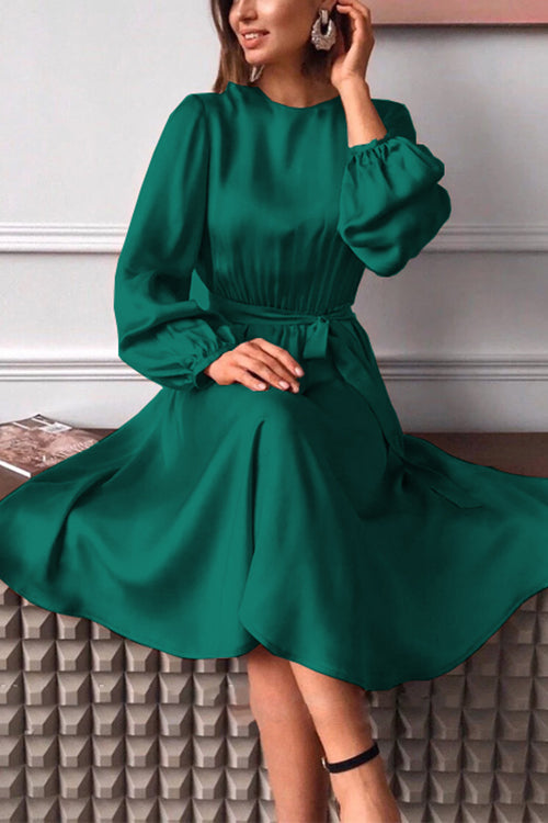 Amsoin Lantern Sleeve Tie Waist Swing Satin Dress