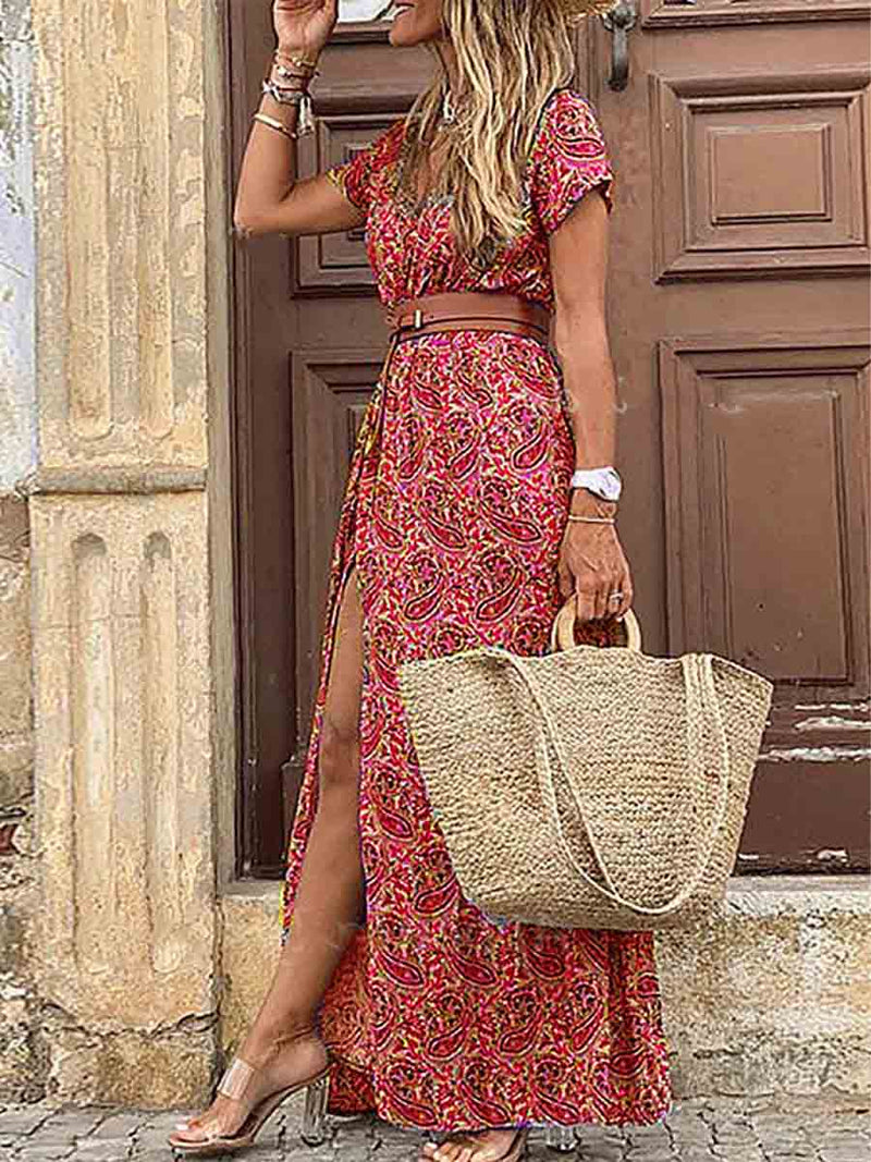 Amsoin Boho Style V-neck Floral Dress