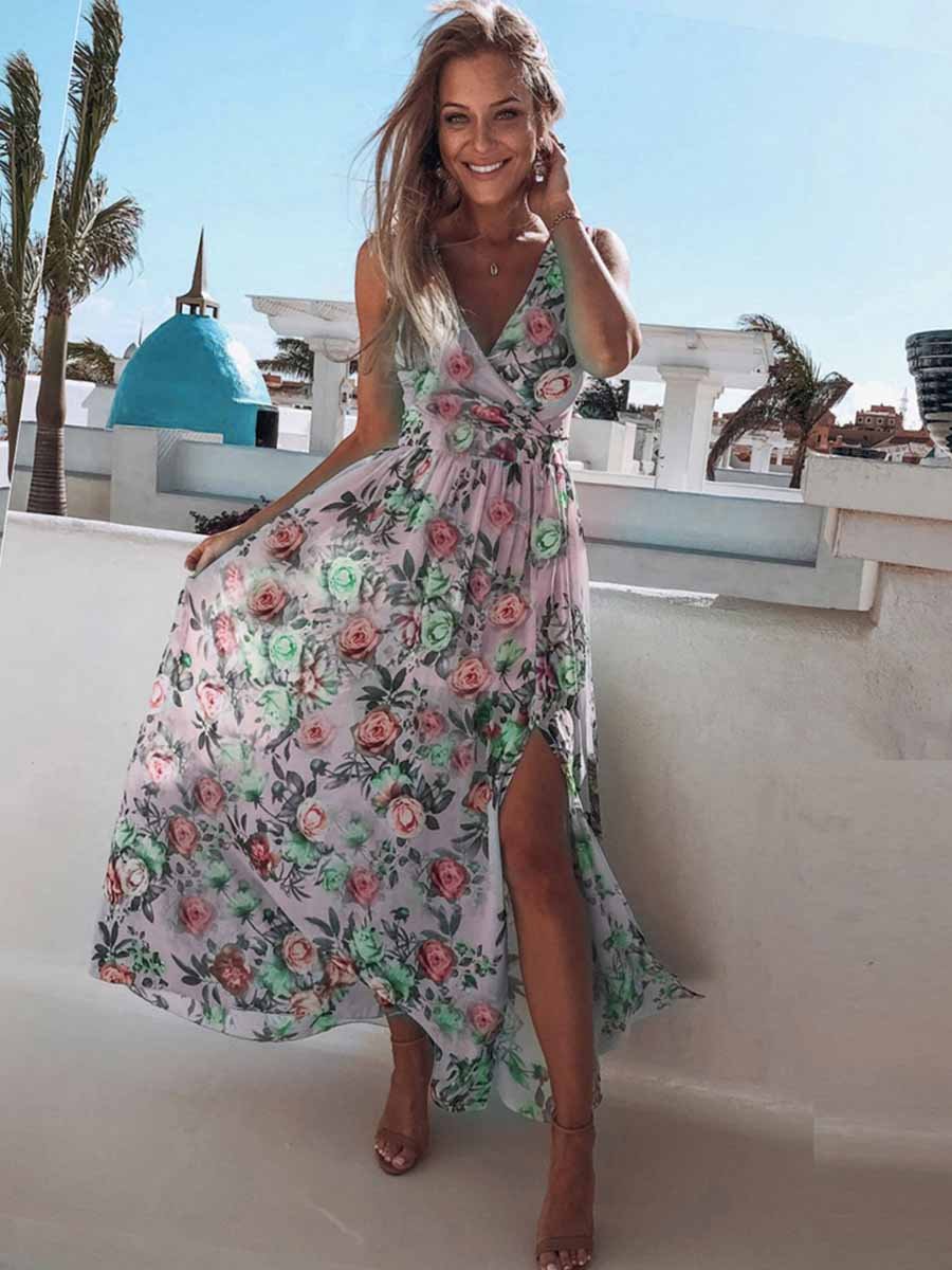Amsoin Printed Chiffon Sleeveless Slit Dress