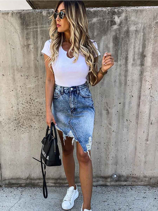 Amsoin Irregular Fringed Denim Skirt