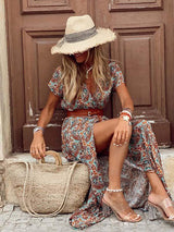 Amsoin Boho Style V-neck Floral Dress