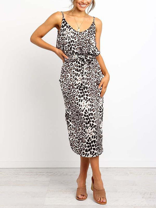 Amsoin Leopard Slit Dress With Pocket