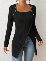 T-Shirts - Casual Ribbed Button Decor Asymmetrical Hem Long Sleeve T-Shirt - MsDressly