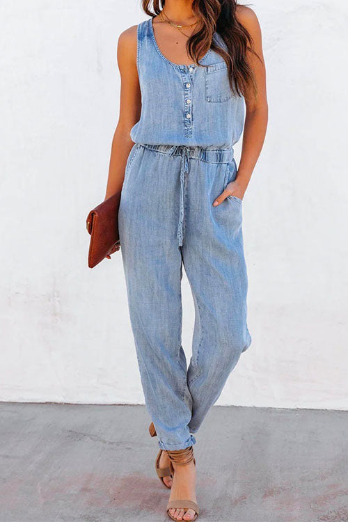 Amsoin Drawstring Waist Distressed Denim Tank Jumpsuit