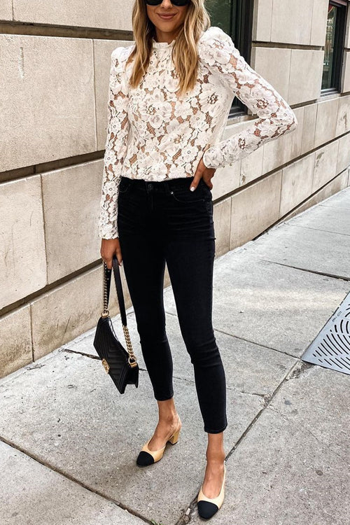 Long Sleeves Hollow Out Floral Lace Shirt