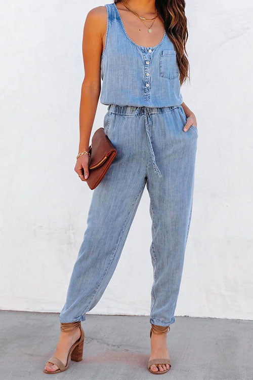 Amsoin Drawstring Waist Distressed Denim Tank Jumpsuit