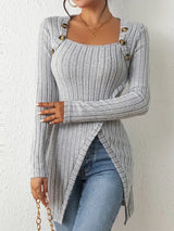 T-Shirts - Casual Ribbed Button Decor Asymmetrical Hem Long Sleeve T-Shirt - MsDressly