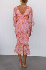 V Neck Long Sleeves Smocked Fairy Floral Mermaid Midi Dress