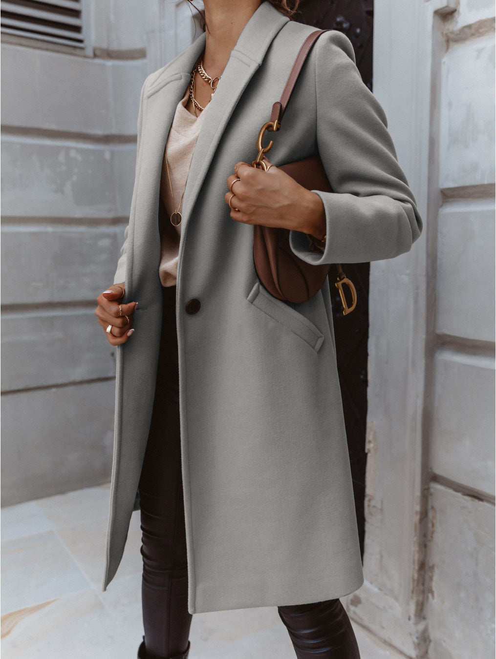 Amsoin Solid Lapel Long Sleeve Midi Coat